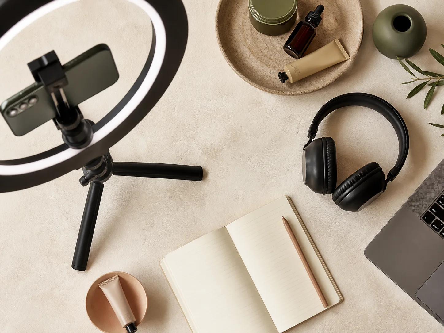 Overhead UGC creator production setup with smartphone and ring light