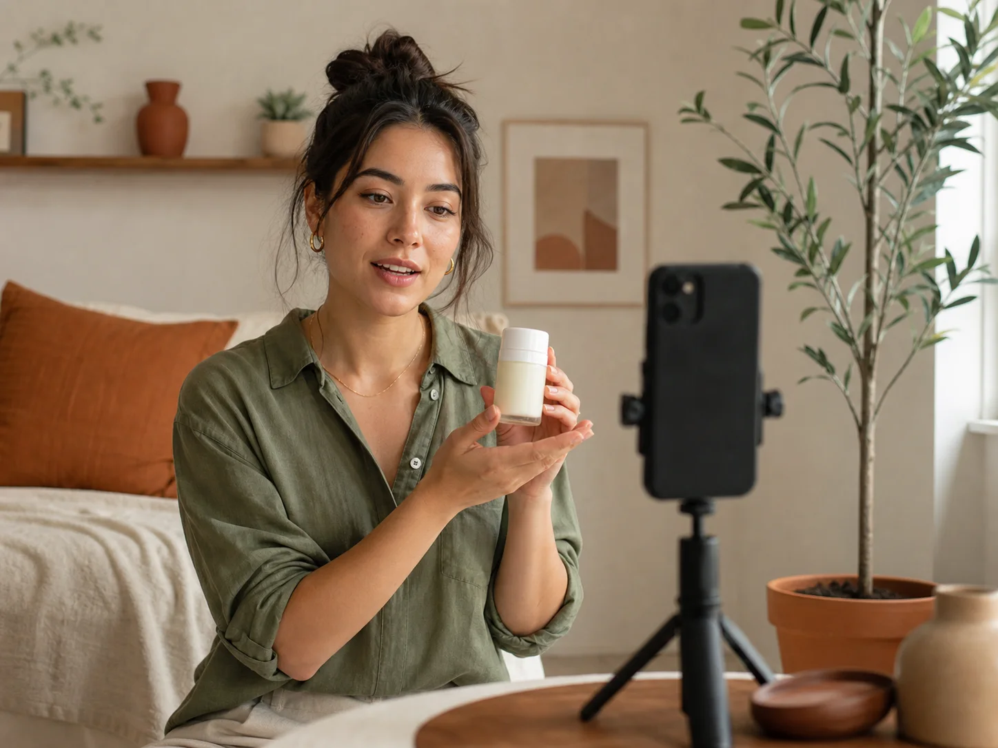 UGC creator filming a skincare product demo with a smartphone